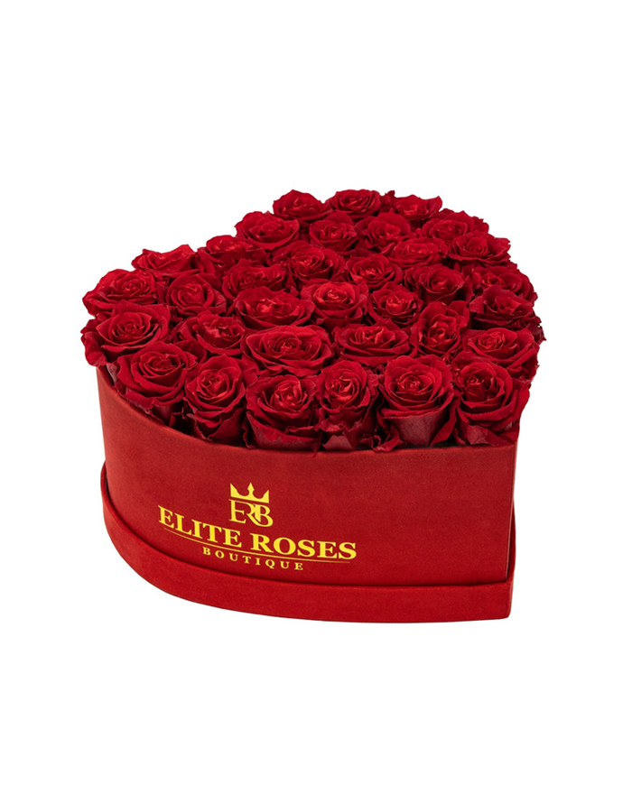 Red roses in a medium heart box